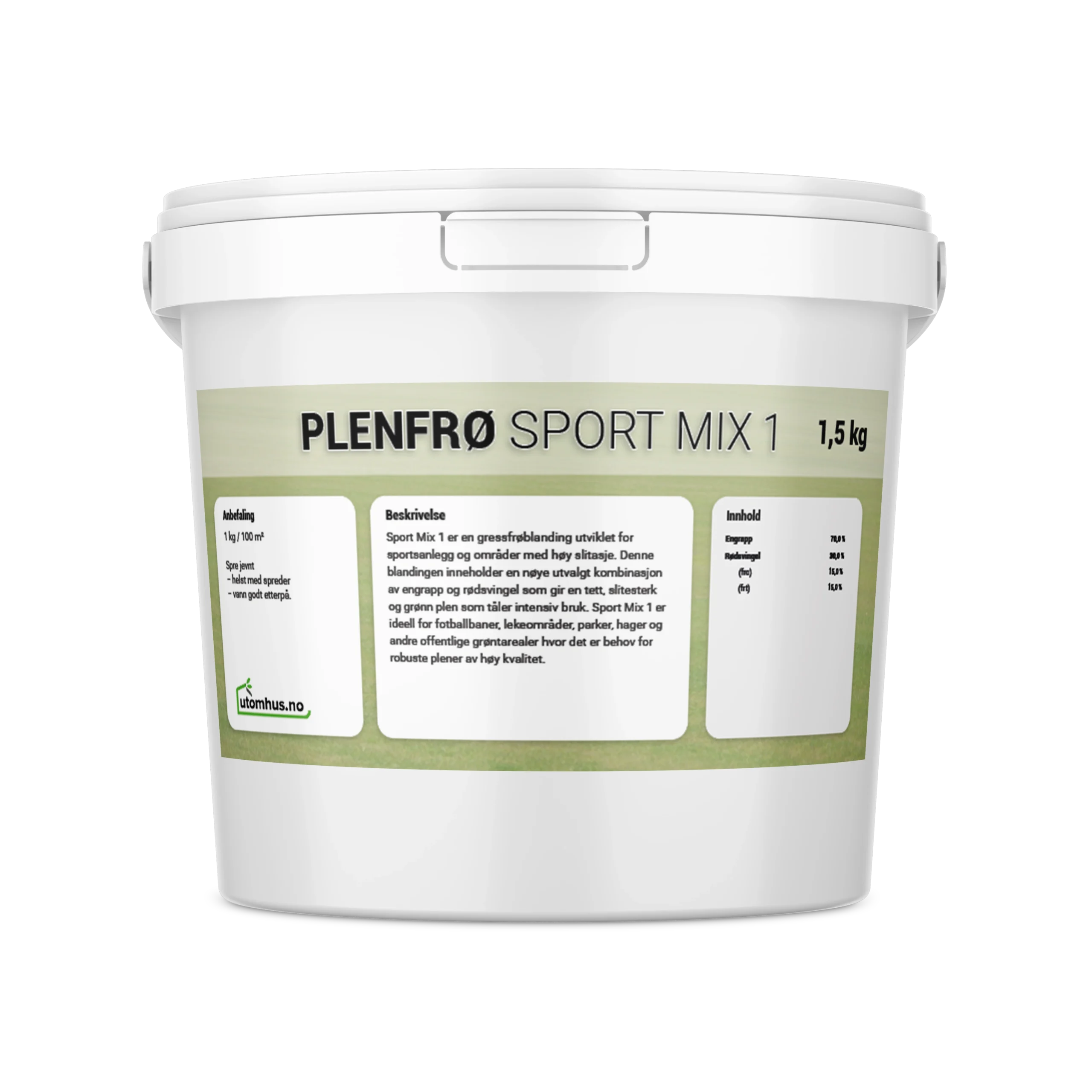 Hvit plastbøtte med lokk og grønn etikett merket «PLENFRØ SPORT MIX 1», med vekt «1,5 kg». Etiketten har felt for anbefaling, beskrivelse og innhold, samt utomhus.no-logo.