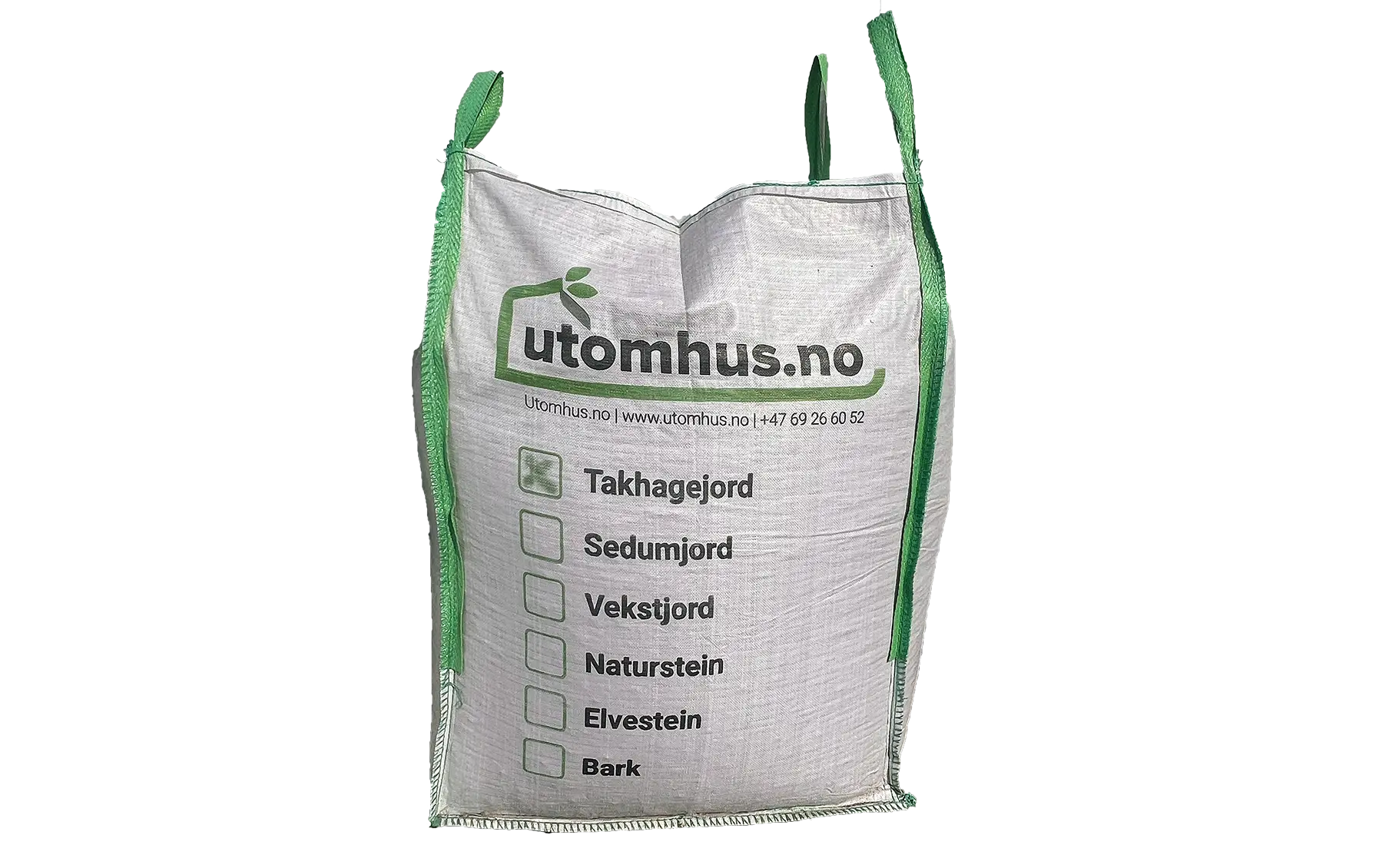 Produktbilde av hvit storsekk med grønne løftestropper og «utom hus.no»-logo. På sekken står en avkrysningsliste med materialer, der «Takhagejord» er markert, isolert på transparent bakgrunn.