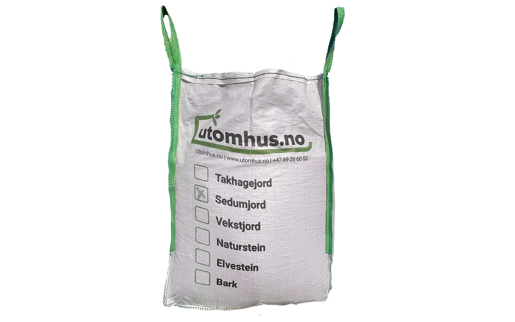 Produktbilde av hvit storsekk med grønne løftestropper og «utom hus.no»-logo. På sekken står en avkrysningsliste med materialer, der «Sedumjord» er markert, isolert på transparent bakgrunn.