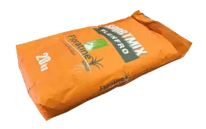 Oransje 20 kg sekk med plenfrø på svart bakgrunn. Sekken er merket «SPORTMIX PLENFRØ» og «Floratine», med en liten grønn etikett og «20 kg» trykket på venstre side.