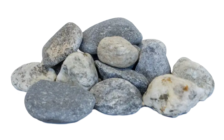 Elvesingel 16-30Isolert elvesingel 16–30 mm på svart bakgrunn: en liten haug avrundede elvesteiner i grå og lyse nyanser, med glatte overflater og naturlig spraglete mønster.