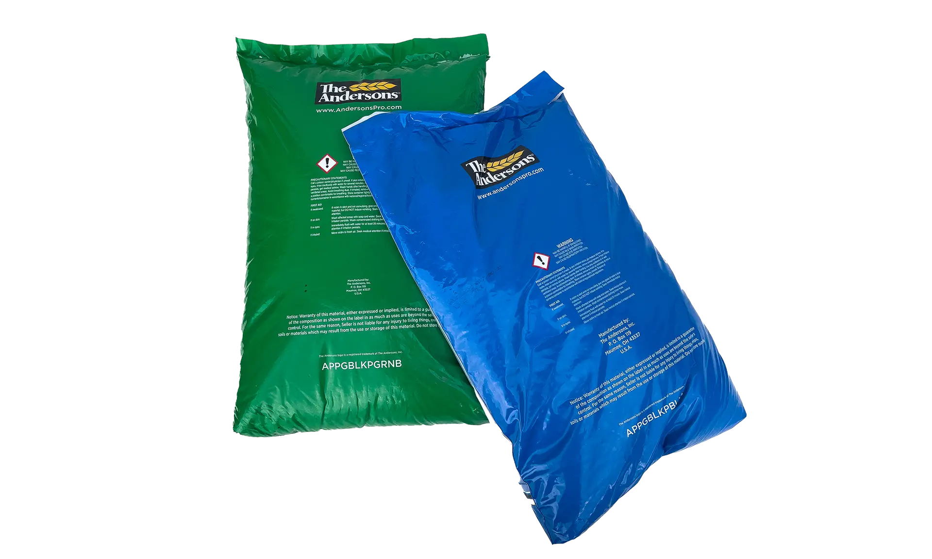 To store plastsekker på svart bakgrunn, én grønn og én blå, med «The Andersons»-logo og produkt-/sikkerhetsinfo trykket på baksiden. Sekkene ligger delvis oppå hverandre.