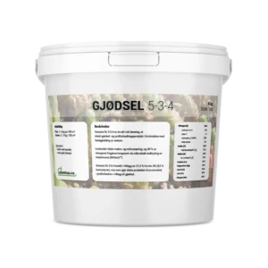 Hvit plastbøtte med lokk og etikett merket «GJØDSEL 5-3-4». Etiketten viser doseringsanbefalinger, produktbeskrivelse og næringsinnhold, samt logoen til utomhus.no. Vektangivelse 4 kg.
