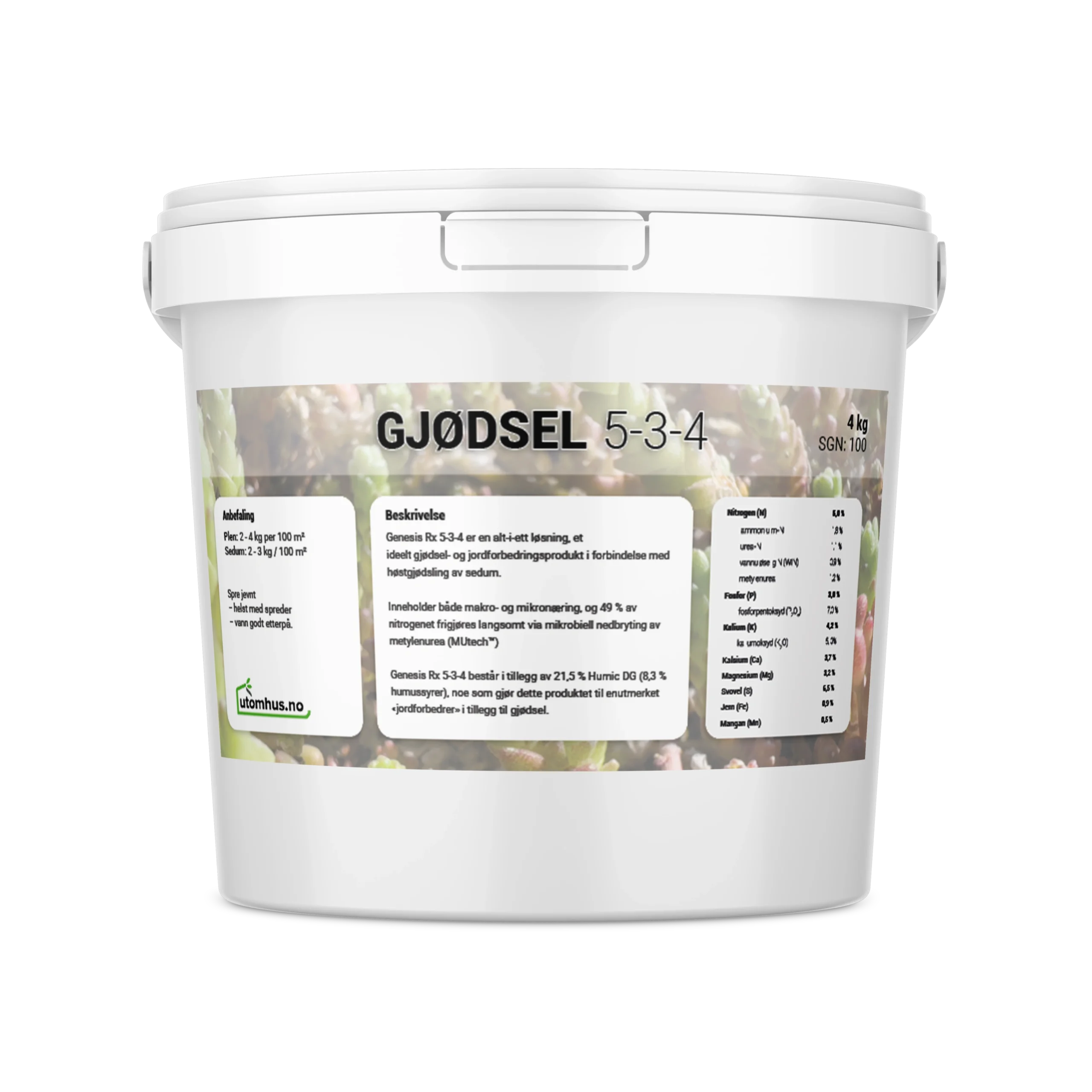 Hvit plastbøtte med lokk og etikett merket «GJØDSEL 5-3-4». Etiketten viser doseringsanbefalinger, produktbeskrivelse og næringsinnhold, samt logoen til utomhus.no. Vektangivelse 4 kg.