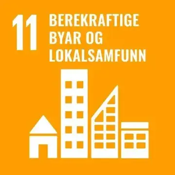 Oransje ikon for FNs bærekraftsmål 11 med hvit tekst «11 BEREKRAFTIGE BYAR OG LOKALSAMFUNN» og en hvit illustrasjon av flere bygninger i ulike høyder (hus og høyblokker).