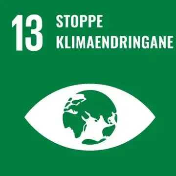 Grønt ikon for FNs bærekraftsmål 13 med hvit tekst «13 STOPPE KLIMAENDRINGANE» og en hvit illustrasjon av et øye med jordkloden i midten.