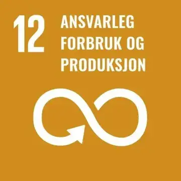 Oransje ikon for FNs bærekraftsmål 12 med hvit tekst «12 ANSVARLEG FORBRUK OG PRODUKSJON» og et hvitt evighetssymbol formet som en liggende åttetallsløkke med piler.