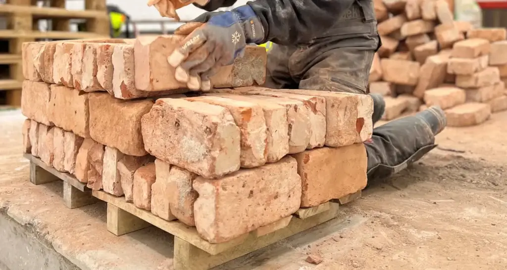 Arbeider med hansker stabler brukte mursteiner på en pall: grove, slitte teglstein med ujevn kant og rester av mørtel. I bakgrunnen ligger flere mursteiner stablet i en haug.