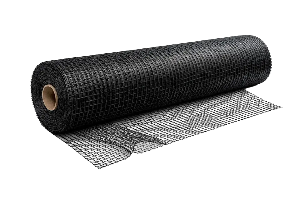 Rull med svart armeringsnett (netting) på rull, produktbilde.