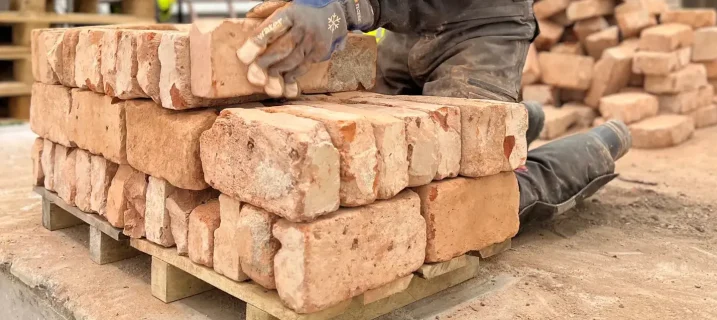 Arbeider med hansker stabler brukte mursteiner på en pall: grove, slitte teglstein med ujevn kant og rester av mørtel. I bakgrunnen ligger flere mursteiner stablet i en haug.